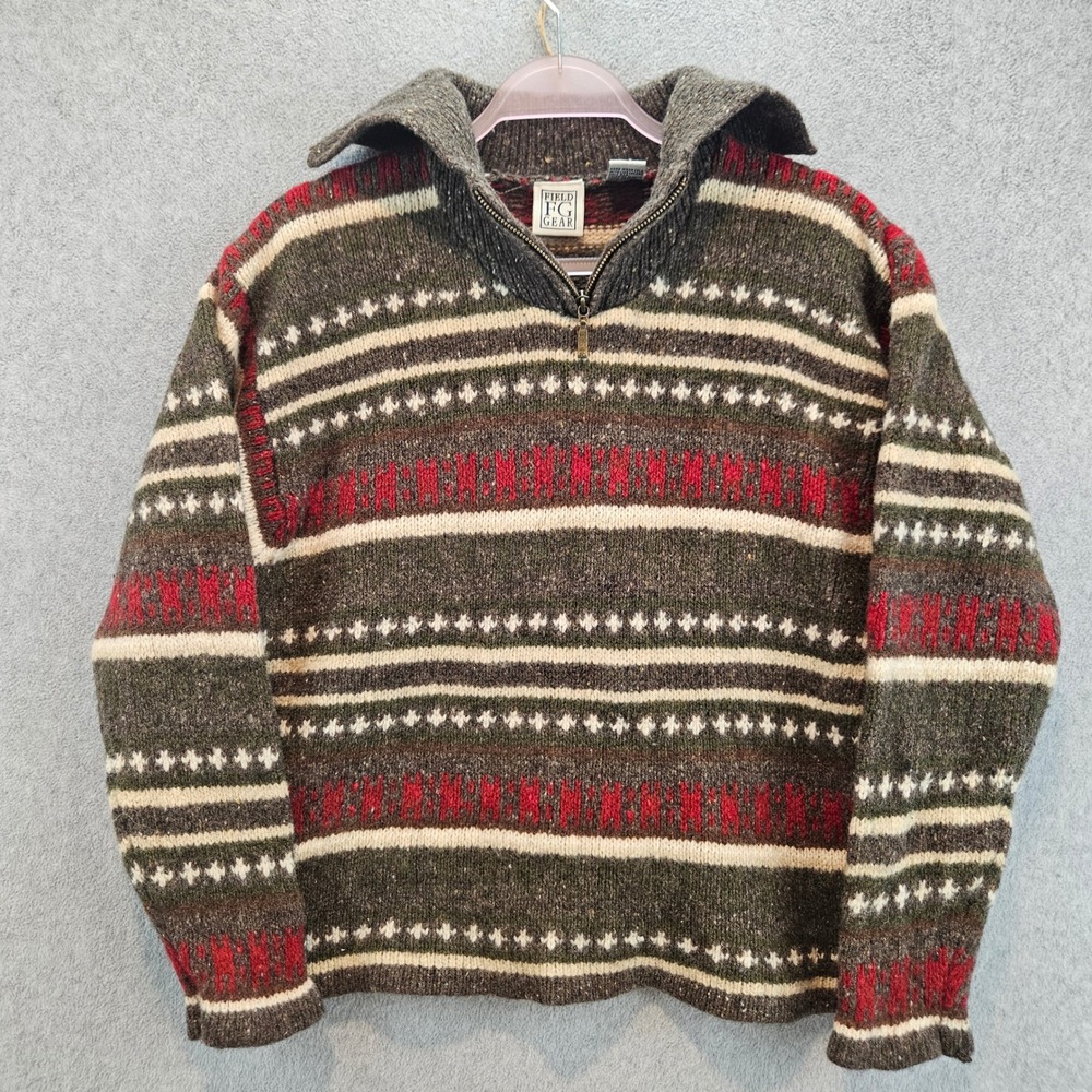 FIELD GEAR Sweater Womens L Brown Lambswool Quarter Zip Fair Isle Vintage Warm